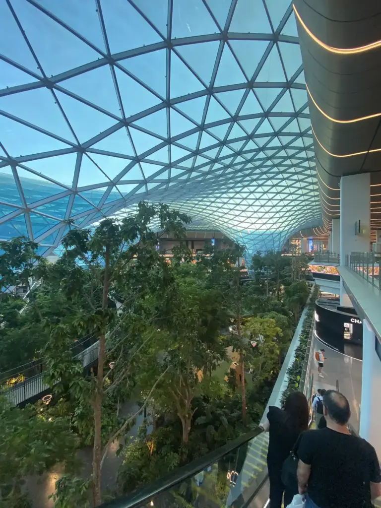 Blick von der Galerie auf den Orchard Garten mit Bäumen unter der Glaskuppel am Flughafen Doha