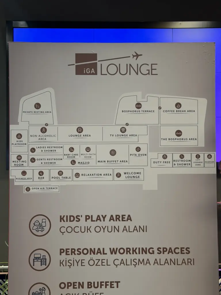 Grundriss der iGA Lounge Istanbul mit Buffet, Duschen, Terrassen und Kinderbereich