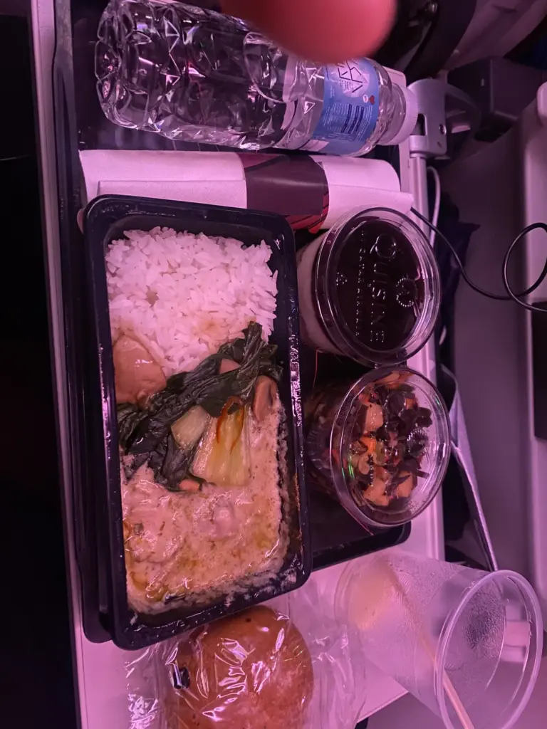 Economy Mahlzeit bei Qatar Airways mit grünem Curry, Reis, Salat und Brötchen auf dem Tablett